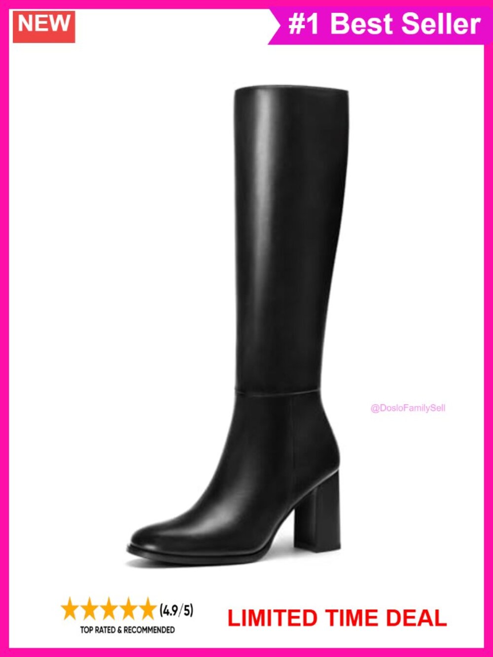 Women Knee High Boots Faux Leather Chunky Heel Tall Side Zip Round Toe